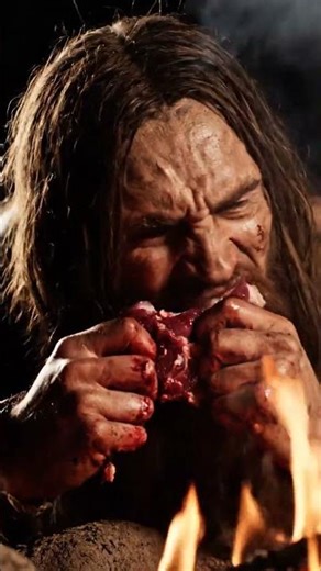 Stone Age hunter chewing meat while sitting on a fallen log, jungle vines around.