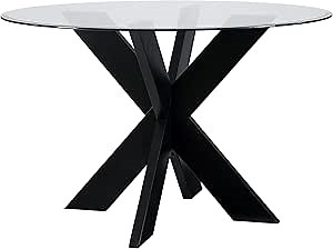Powell Black Wood Modern Round Glass Top Parnell X Base Dining Table (PAMZN2164)