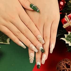 Christmas Press on Nails Square Medium 24Pcs Green Christmas Fake Nails Sets Glossy Full Cover Acrylic Xmas Winter False Nails with Gold Snowflake Gems Designs Holiday False Glue Fingernails
