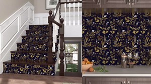 Extra Long Dark Navy Vintage Floral Wallpaper 17.5In x 393In Boho Peelable Contact Paper Botanical Wall Paper Waterproof Stick on Backsplash Bedroom Cabinet Drawer Deep Blue Yellow Gold