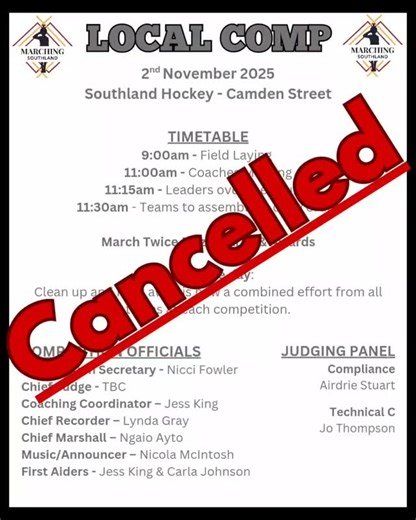 Unfortunately, this weekend’s competition has been cancelled. The next Invercargill competition will be on 16th November at ILT Stadium Southland. The draw will be released next week—stay tuned! | Marching Southland