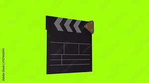 Rotating 3D Cinema clapperboard on a green screen. Concept for filming movies and TV series. Stock animation with motion loop of clapperboard movie 4K.