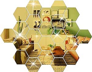 Mirror Wall Stickers Hexagonal 24Pcs Peel and Stick Mirror Tiles Self Adhesive Home Decorative for Bedroom Living Room 3D Acrylic Art DIY Wall Decals (Gold 20x17.3cm)