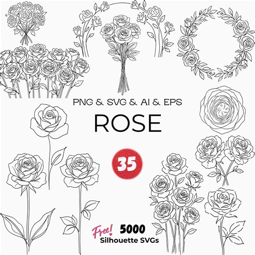Rose Flower Clipart, Floral Outline SVG PNG, Birth Month (instant Download) - Etsy