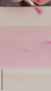 Artist shakes off drops of pink paint into water with brush to create pattern at Ebru lesson in studio closeup slow motion. Oriental tradition of art