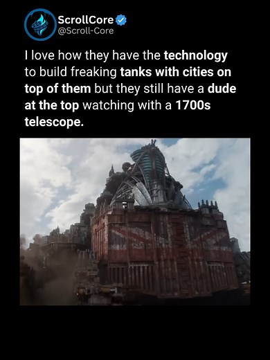 In Mortal Engines (2018), they built tanks with entire cities on them but the lookout still uses a 1700s telescope. They have the technology to build massive moving cities but still have a guy at the top watching through a 1700s telescope. Mortal Engines (2018) Directed by Christian Rivers Starring Hugo Weaving, Hera Hilmar, Robert Sheehan #MortalEngines #ChristianRivers #MovieFacts #FilmFacts #Shorts #SciFi #HugoWeaving #PeterJackson #Steampunk #MovieDetails