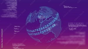 Rotating globe with numbers and coding animation over purple gradient background
