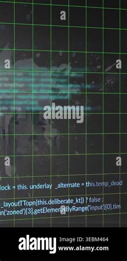 Vertical video: Dark display panel with green grid triggered by cyan pulse, scanning to reveal code. Holographic, neon, lattice, matrix, overlay, glow, vertical video Stock Video Footage - Alamy