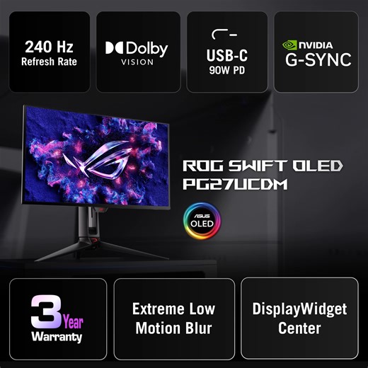 1.4K views · 55 reactions | Meet the new ROG Swift OLED PG27UCDM!  27” 4K with latest 4th gen QD-OLED OLED Care Pro with Neo Proximity Sensor DisplayPort 2.1a with 80Gbps OLED Anti-Flicker 2.0 tech ➡️ Learn more: https://rog.gg/OLED_PG27UCDM #ROG #OLED #4K | ASUS Republic of Gamers | Facebook