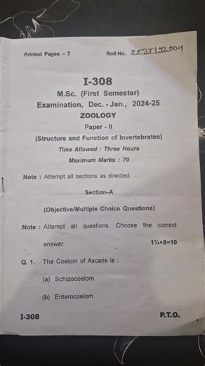 previous year question paper MSc zoology papr 1