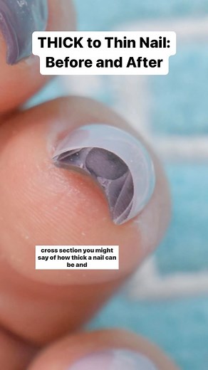A back to back look at comparing a thick nail with a thin nail. The thick nail is from a much longer nail design cut down. The thin nail is after taking down that thickness. We don’t want or need short nails to be this thick! The longer the nail, the thicker it needs to be for support. The shorter a nail, the thinner, as it does not need as much support. Watch full in depth nail tutorials on YouTube: nailcareereducation 🪄✨ Shop professional nail products: nailcareer.com/store ✨ #nailcareereduca