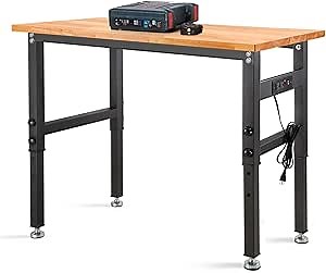 48" Adjustable Work Bench, Rubber Wood Top Heavy-Duty Workstation, 2000 LBS Load Capacity Hardwood Worktable with Power Outlets for Garage, Workshop, Office, Home