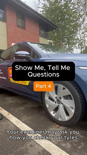 Show me, Tell me Questions Part 4! 'Tell me where you’d find the information for the recommended tyre pressures for this car and how tyre pressures should be checked.' AND 'Tell me how you’d check the tyres to ensure that they have sufficient tread depth and that their general condition is safe to use on the road.' Remember to also use a reliable pressure gauge, and check the pressures when the tyres are cold. #showmetellmequestions #showmetellme #learntodrivetips #drivingtips #drivinglessons | 