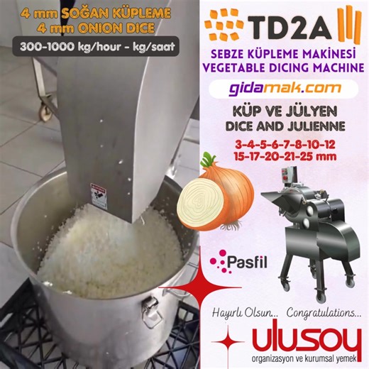 TD2A Sebze Küp Doğrama Makinesi - Vegetable Dicing Machine - Машина для нарезки овощей кубиками - آلة تقطيع الخضار Whatsapp; 0090 507 612 79 69 Gidamak.com info@pasfil.com 🥕🥔 TD2A Sebze Küp Doğrama Makinesi, endüstriyel mutfaklar ve gıda üretim tesisleri için hızlı, düzgün ve standart küp doğrama çözümü sunar. Patates, havuç, soğan, kabak ve birçok sebzeyi eşit ölçülerde ve fireyi azaltarak doğrar. Paslanmaz çelik yapısı sayesinde hijyeniktir, kolay temizlenir ve yoğun kullanıma uygundur. Üret