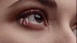 Young Beatiful brunette Female crying. Close up of Caucasian woman crying with tear. Close Up Macro Zoom Shot of a Crying Eyes. Tears are Flowing Down. Girl eyes having long nice Eyelashes.