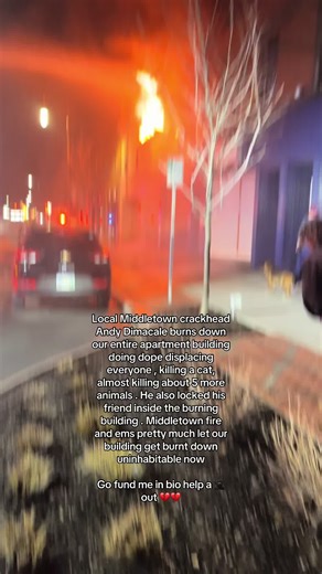 Local Middletown crackhead Andy Dimacale burns down our entire apartment building doing dope displacing everyone , killing a cat, almost killing about 5 more animals . He also locked his friend inside the burning building . Middletown fire and ems pretty much let our building get burnt down uninhabitable now #fire #houseburntdown #firefighter #middletown #ohio
