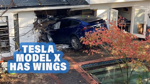 Out Of Control Tesla Flies Over A Swimming Pool Before Crashing Into A House | Carscoops