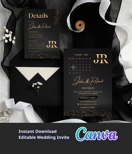 Black Gold Wedding Invitation Suite Template, Editable Wedding Invite Set, Luxury Minimalist Invite, RSVP Card, Details Card, Canva Template - Etsy