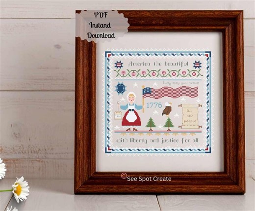 Patriotic Cross Stitch Pattern Sampler 1776 Celebrate 250 Anniversary USA - Etsy
