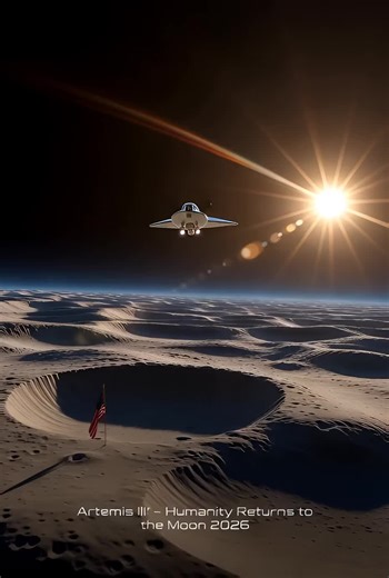 A stunning, ultra-realistic 4K vertical video (9:16 aspect ratio) of the NASA Artemis III mission lunar landing on the Moon, cinematic and photorealistic style. The scene begins with the Orion spacecraft approaching the lunar surface from orbit, then transitions to the Human Landing System (HLS) Starship descending gracefully toward the south pole region of the Moon. Show detailed thruster firings, dust kicking up in slow motion as the lander touches down gently on the rugged, cratered lunar ter