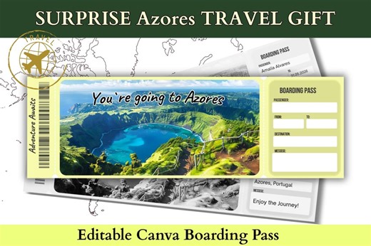 Azores Islands Boarding Pass Template | Portugal Surprise Travel Gift | Personalize Editable Digital Ticket (instant Download) - Etsy