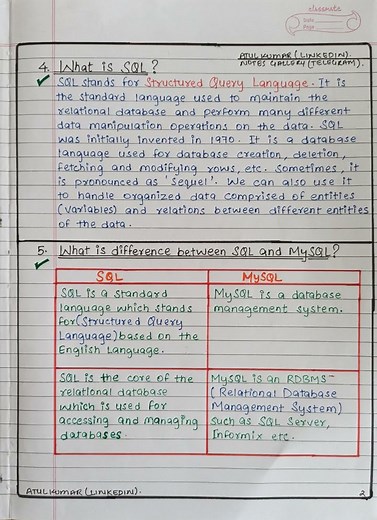 🔹SQL DATABASE 🔹PART 1 📗 || Handwritten Notes || SQL interview Questions & Answers || MySQL