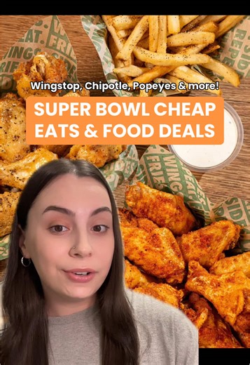 BEST Super Bowl food deals and cheap eats! You can find discounts all weekend at Wingstop, Chipotle, Popeyes, GrubHub, Denny’s, Gopuff, 7-Eleven, Wienerschnitzel, Applebee’s, Church’s, Outback, Fazoli’s, Round Table Pizza, KFC, BJ’s, Little Caesars, Krispy Kreme and El Pollo Loco. What deals are you using? #cheapeats #freebies #fastfood #superbowl #fooddeals