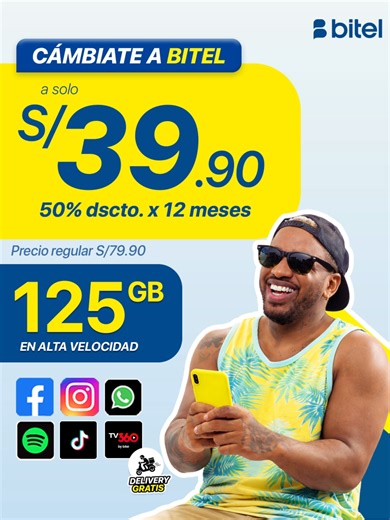 Este es el plan que estabas buscando 💥 Bitel S/39.90 con 50% de descuento todo el año 💸 125GB en alta velocidad 🚀 redes sociales ilimitadas 📲 y delivery gratis hasta tu casa 📦💚. #bitel #bitelportabilidad #portabilidad #portabilidadbitel