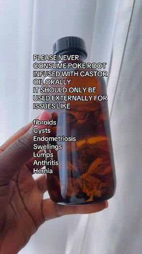 PLEASE NEVER CONSUME POKE ROOT INFUSED WITH CASTOR OIL ORALLY IT SHOULD ONLY BE USED EXTERNALLY FOR ISSUES LIKE fibroids Cysts Endometriosis Swellings Lumps Anthritis Hernia Poke root is a cery powerful herb when used together with castor oil. But make sure to use it with proper guidance For more details link is on my bio or swnd a direct message on TikTok #massage #castoroil #pokeroot