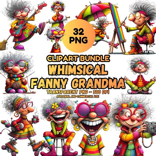32 Whimsical Colorful Cartoon Old Lady Clipart Bundle | Funny Grandma Characters | Transparent PNG - Etsy Hong Kong
