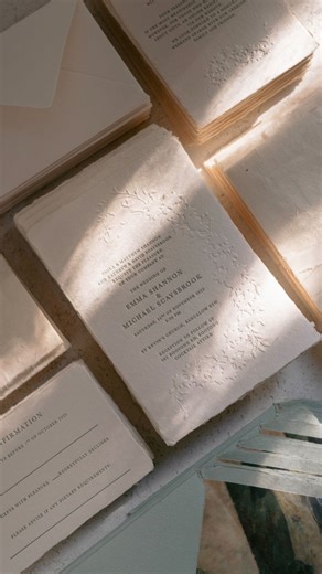 Papira • Alexandra Timita on Instagram: "Turn your sound on. Paper textures, pressed impressions, and the soft tie of silk ribbon. A fine art wedding invitation suite that feels like a breath of calm."