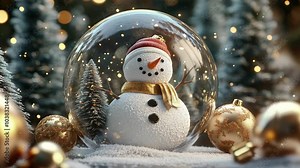 3D render of a Christmas snowman inside a glass snowy ball. Video footage for Christmas celebration greeting card,