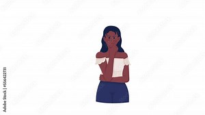 Animated thinking woman. Unsure lady. Feeling confused. Full body flat person on white background with alpha channel transparency. Colorful cartoon style HD video footage of character for animation