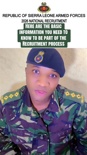 The RSLAF has commenced the 2026 recruitment exercise for 1,000 eligible Sierra Leoneans into the Armed Forces. This sensitization video highlights: The various categories of enlistment; The general eligibility criteria; And the specific requirements for each recruitment category. Application forms are now available. Submission period: Now until 4th February 2026. Interested applicants are encouraged to watch carefully, ensure they meet the stated criteria, and submit their applications within t