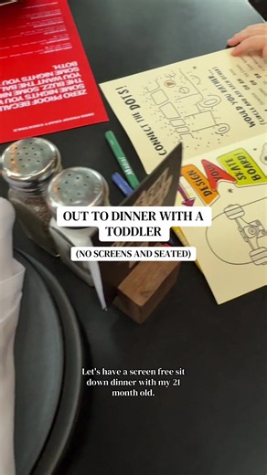 Dinner out with a toddler: no screens, and staying seated. It’s not about perfection, just practice 🤍 #toddlermom #toddlerlife #dinnerwithkids #screenfree #eatwithus