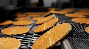 Industrial waffle production line at confectionery factory.