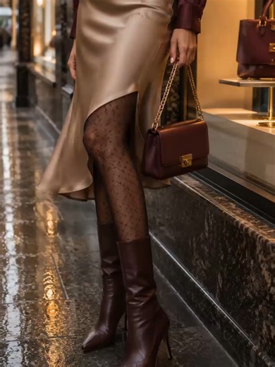 Sheer tights with knee-high boots A premium outfit detail built around knee-high boots, glossy accessories, and effortless elegance. #heels #fyp #outfitinspo #quietluxury #skirts