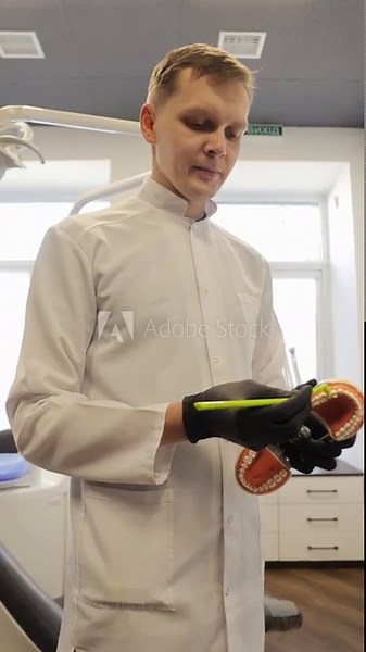 Dentist demonstrating tooth brushing technique on model jaw