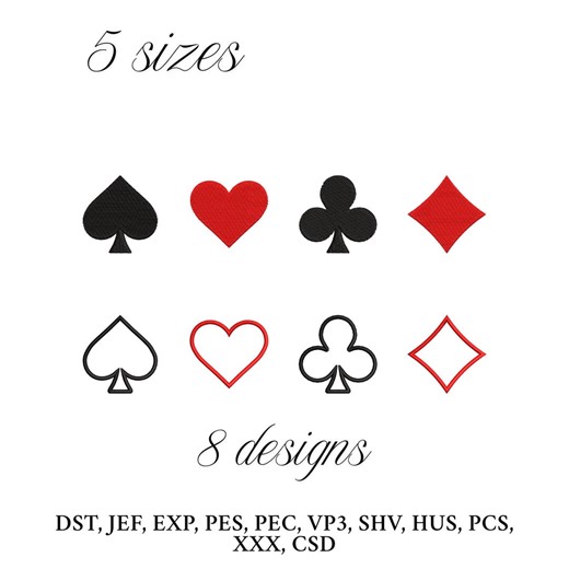 Playing Card Symbols Embroidery Design Bundle (spade, Heart, Club, Diamonds) Deck of Cards Embroidery Machine File - Etsy
