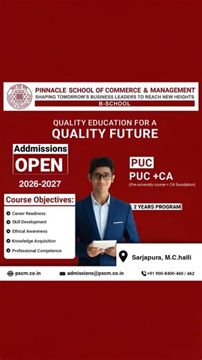 Pinnacle School of Commerce & Management on Instagram: "🎓✨ At Pinnacle School of Commerce & Management, we specialize in a powerful PUC + CA Integrated Program designed to give you a massive head start. Why wait years to begin your CA journey when you can master your Pre-University curriculum while simultaneously building a rock-solid foundation for the CA Foundation exams? With expert faculty, a commerce-focused environment, and a curriculum built for high achievers, we don’t just teach—we bri