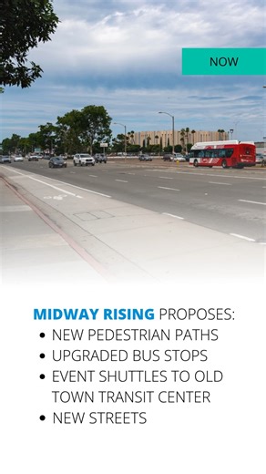 Midway Rising is bringing more options to walk, bike, roll and use transit to the Midway District! 🚶🚲🚇 This landmark project will add new pedestrian paths, upgraded bus stops, event shuttles to the Old Town Transit Center, new streets, and other mobility upgrades aimed at enhancing safety and providing more alternatives to driving. #MidwayRising #MidwayDistrict | City of San Diego
