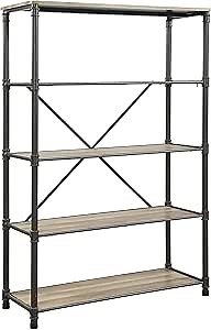 Benjara Pipe Inspired Steel Frame Bookshelf with Five Fixed Shelves, Brown and Gray