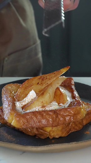 French toast with pears🍐 Toast Ingredients: Texas toast, or any thick cut bread. 4 eggs 2 yolks 1/2 cup milk 3 tsp cinnamon 1/2 tsp nutmeg 1tsp vanilla extract Pinch salt Pears: 2 Bosc pears- they hold their shape really well after cooking and they are in season right now. but any firmer (less ripe) pear will do 3 tbsp butter 1/2 cup maple syrup-the good stuff. Pinch salt Soft whipped cream: 1/2 cup heavy cream 1 tsp sugar- you can add more I didn’t want it sweet. Directions: Peel your pear and