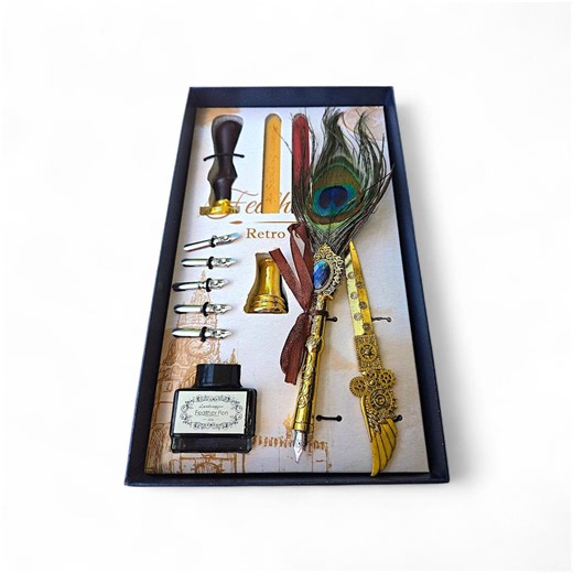 Vintage Peacock Feather Quill Pen Set, Gothic Calligraphy Writing Gift Box - Etsy