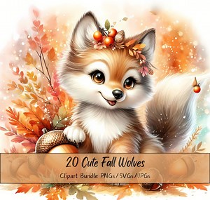 Cute Fall Wolves Clipart Bundle, Watercolor Autumn Wolf Clip Art Images, High Quality Animals Files, Fun Digital Animal Graphics, Autumn - Etsy