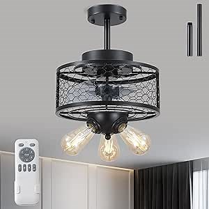 SHIHOT Bedroom Ceiling Fans with Lights and Remote, Caged Ceiling Fan with Light, Bedroom Fan Lights, Small Industrial Black Ceiling Light Fixture, E26 Bulbs