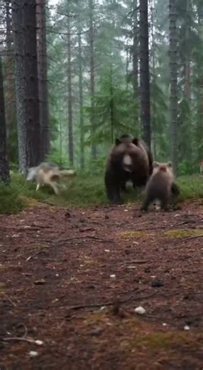 Male Bear Counters Wolf Attack On Two Cubs By Knocking It Down