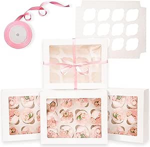 Bakepacker Auto-pop Up Cupcake Boxes with Window White 12PCS 12 Count Cupcake Box 13"x10"x3.5" Cupcakes Carrier, 12 Cupcake Containers with rolls of pink ribbons