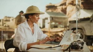Archeological Digging Site: Great Female Archaeologist Doing Research, Using Laptop, Analysing Fossil Remains, Ancient Civilization Culture Artifacts. Team of Historians work on Excavation Site