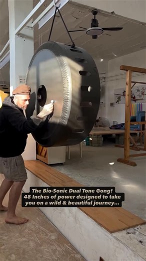 RBR.Music on Instagram: "Daniel Byrne’s sound healing practice with @cymatic_harmony places special emphasis on immersive instruments that shape not just sound, but entire emotional and somatic experiences. Among the most striking tools he uses is the bio-sonic dual-tone gong a custom, large gong designed to produce two distinct fundamental tones simultaneously, creating rich layers of resonance that evolve as the instrument vibrates. ￼ Unlike a single tone gong, the dual tone instrument emits a